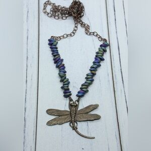 Dragonfly pendant with multi colour glass beads necklace.